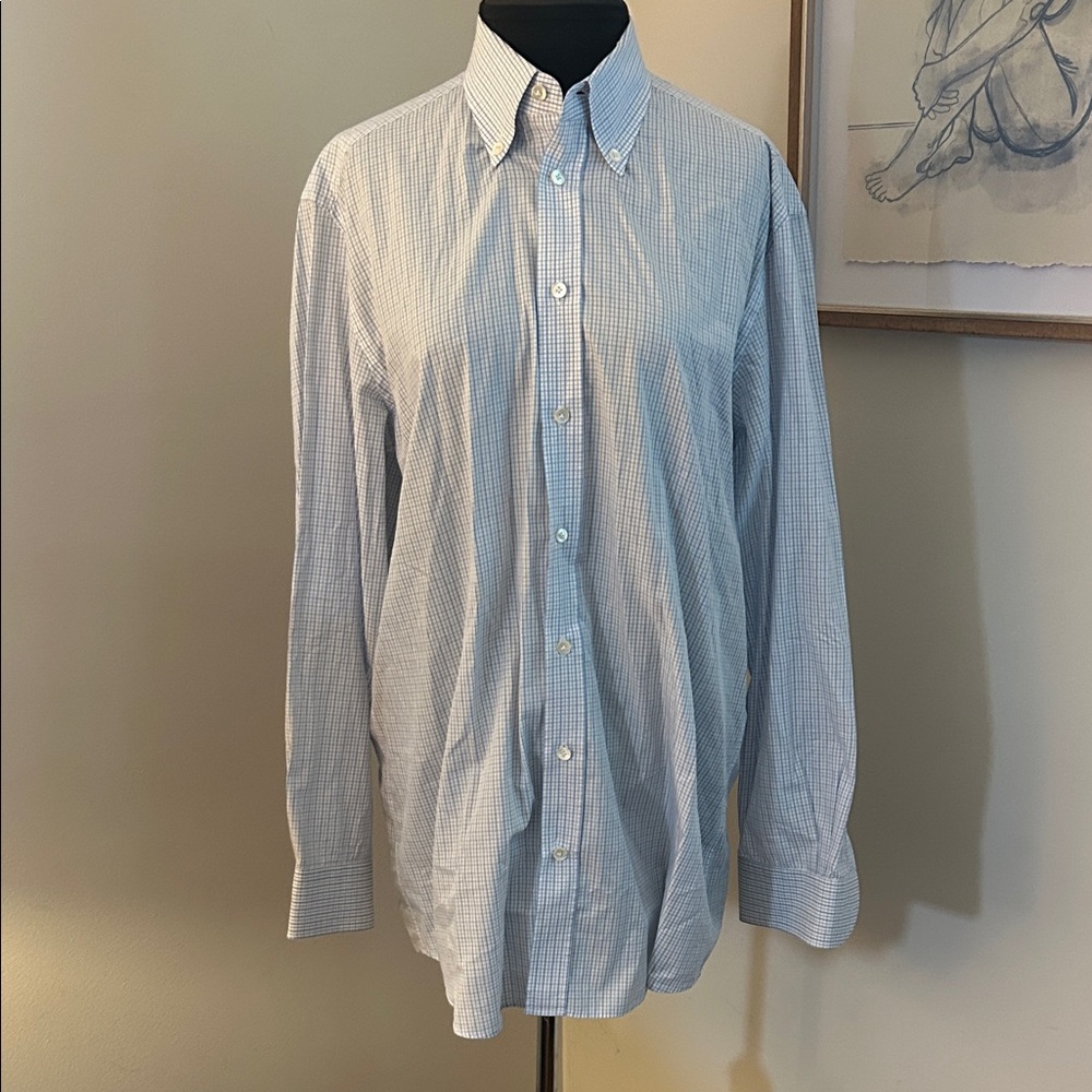 Luciano Barbera | blue plaid button down shirt-large